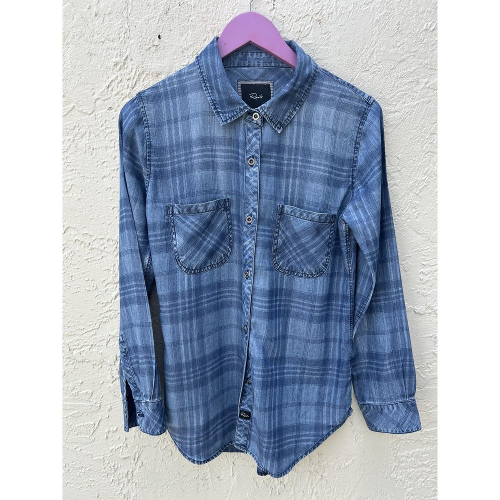 Rails Blue Plaid Button Down Shirt Long Sleeve Pocket Top Denim Look  Size S